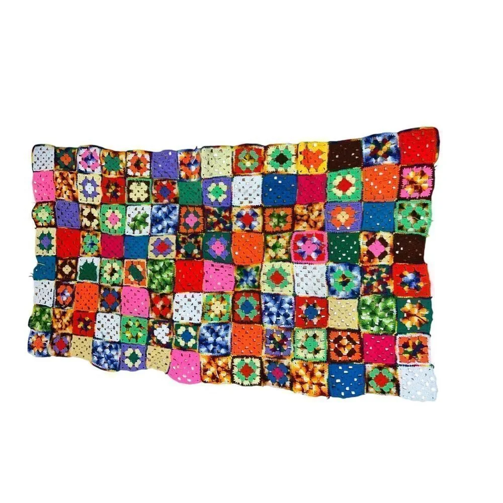 Afghan Crochet quirky Granny Square 66x38 Blanket Handmade Throw colorful floral